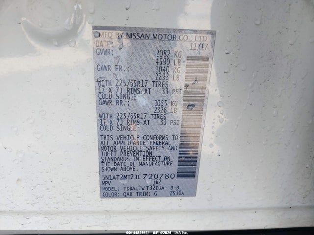 2018 Nissan Rogue Sv მანქანა იყიდება აუქციონზე, vin: 5N1AT2MT2JC720780, აუქციონის ნომერი: 44825631