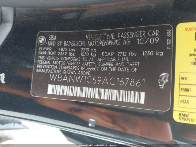2010 Bmw 535i მანქანა იყიდება აუქციონზე, vin: WBANW1C59AC167861, აუქციონის ნომერი: 44825632