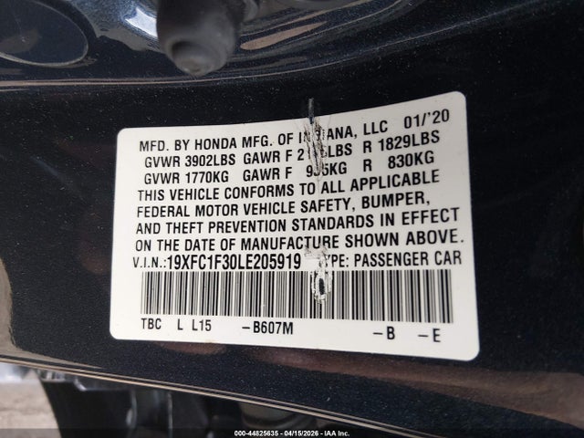 Aukcja sprzedaży 2020 Honda Civic Ex, vin: 19XFC1F30LE205919, numer aukcji: 44825635