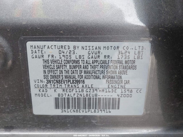 Aukcja sprzedaży 2023 Nissan Versa 1.6 Sv Xtronic Cvt, vin: 3N1CN8EV1PL839916, numer aukcji: 44825637