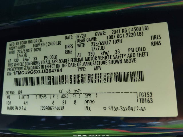 2020 FORD ESCAPE 1FMCU9G6XLUB64784 Photo 8