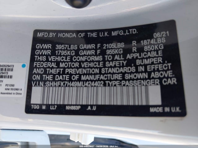 44825657 :رقم المزاد ، SHHFK7H49MU424402 vin ، 2021 Honda Civic Sport مزاد بيع
