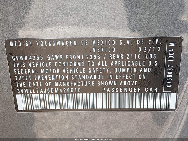 Продаж на аукціоні авто 2013 Volkswagen Jetta 2.0l Tdi, vin: 3VWLL7AJ6DM426618, номер лоту: 44825663