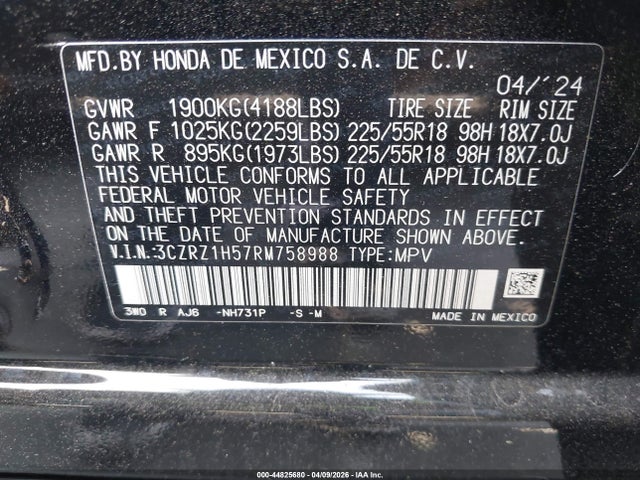 Auction sale of the 2024 Honda Hr-v 2wd Sport/2wd Sport W/o Bsi, vin: 3CZRZ1H57RM758988, lot number: 44825680