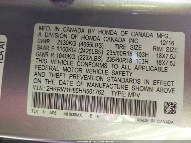 2HKRW1H85HH501762 Honda Cr-v Ex-l/ex-l Navi