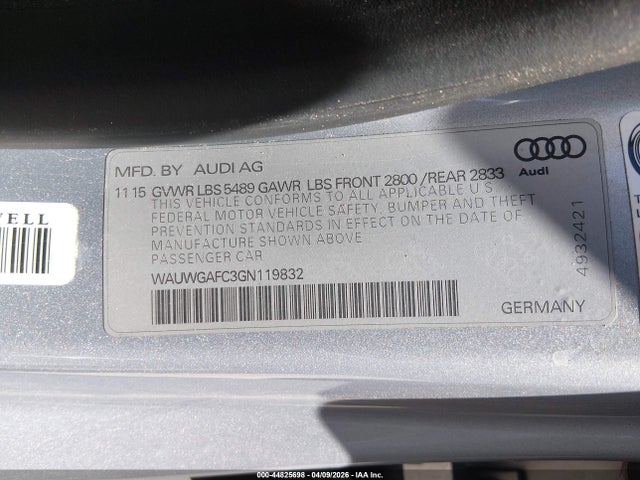 44825698 :رقم المزاد ، WAUWGAFC3GN119832 vin ، 2016 Audi A7 3.0t Premium Plus مزاد بيع