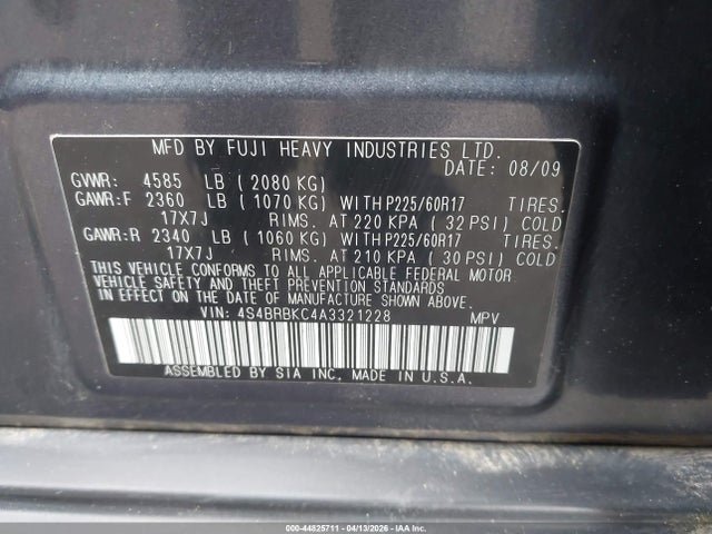 2010 Subaru Outback 2.5i Limited მანქანა იყიდება აუქციონზე, vin: 4S4BRBKC4A3321228, აუქციონის ნომერი: 44825711