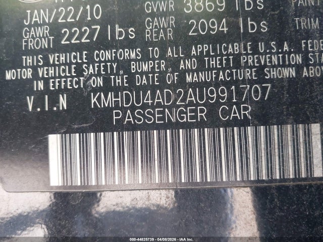 44825739 :رقم المزاد ، KMHDU4AD2AU991707 vin ، 2010 Hyundai Elantra Se مزاد بيع