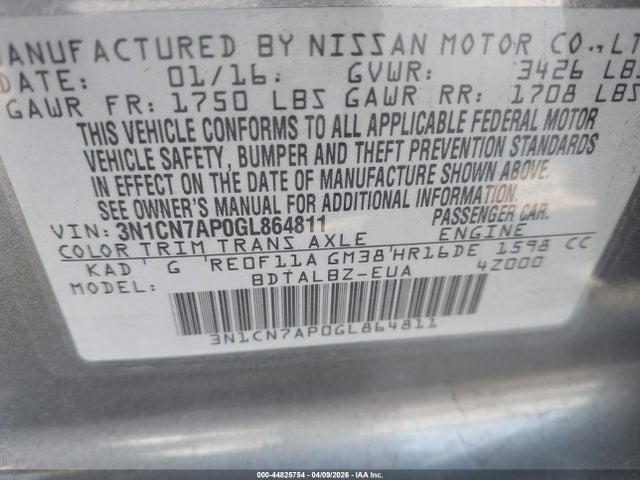 Nissan Versa 1.6 Sv 2016 3N1CN7AP0GL864811 Image 9