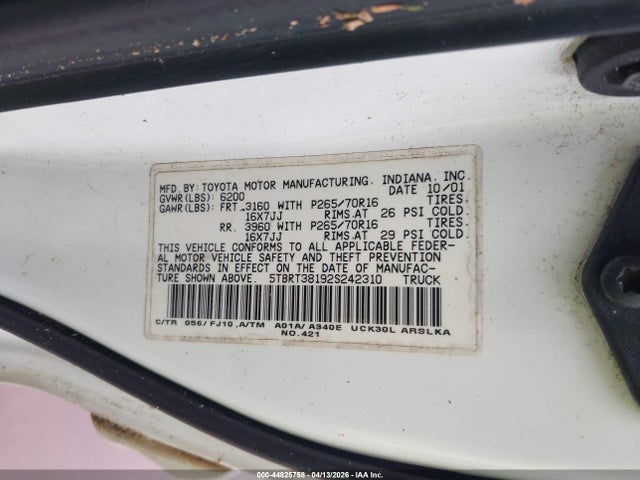 2002 Toyota Tundra Ltd V8 მანქანა იყიდება აუქციონზე, vin: 5TBRT38192S242310, აუქციონის ნომერი: 44825758