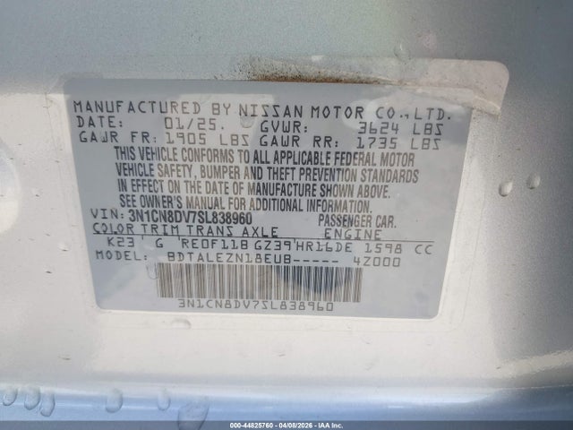 2025 Nissan Versa 1.6 S მანქანა იყიდება აუქციონზე, vin: 3N1CN8DV7SL838960, აუქციონის ნომერი: 44825760