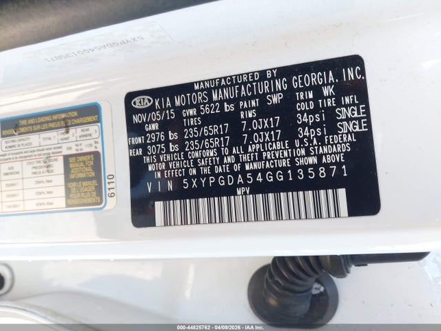 2016 Kia Sorento 3.3l Lx მანქანა იყიდება აუქციონზე, vin: 5XYPGDA54GG135871, აუქციონის ნომერი: 44825762