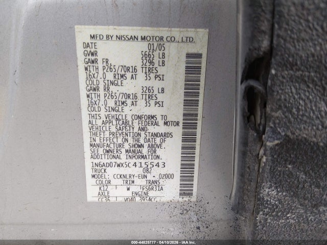 44825777 :رقم المزاد ، 1N6AD07WX5C415543 vin ، 2005 Nissan Frontier Se مزاد بيع