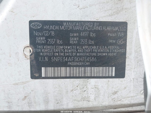 2019 Hyundai Sonata Sel მანქანა იყიდება აუქციონზე, vin: 5NPE34AF3KH754586, აუქციონის ნომერი: 44825799