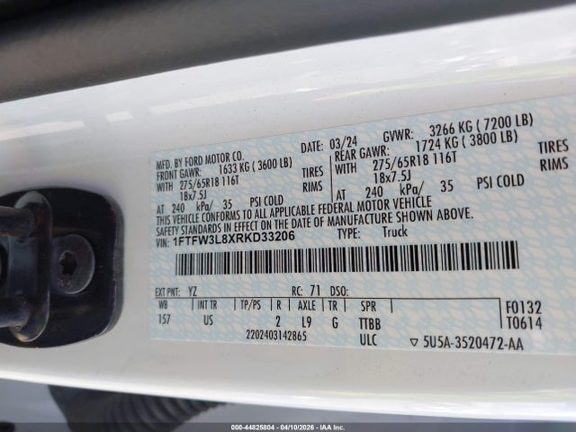 Aukcja sprzedaży 2024 Ford F150 Xlt, vin: 1FTFW3L8XRKD33206, numer aukcji: 44825804