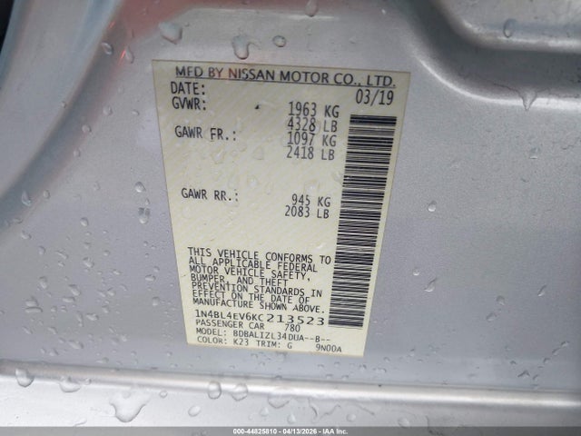 2019 Nissan Altima 2.5 Sl მანქანა იყიდება აუქციონზე, vin: 1N4BL4EV6KC213523, აუქციონის ნომერი: 44825810