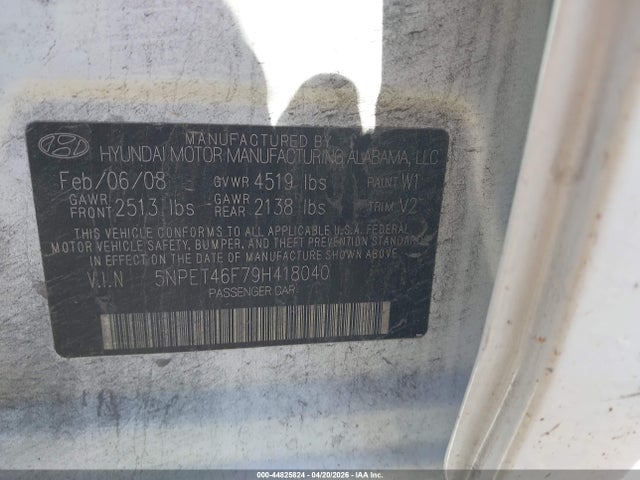 2009 Hyundai Sonata Gls V6 მანქანა იყიდება აუქციონზე, vin: 5NPET46F79H418040, აუქციონის ნომერი: 44825824