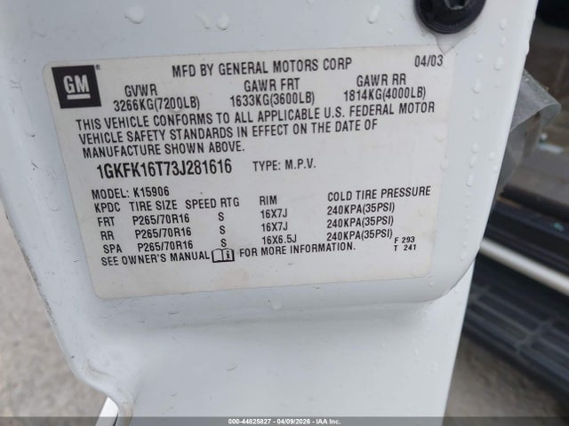 2003 Gmc Yukon Xl 1500 Sle მანქანა იყიდება აუქციონზე, vin: 1GKFK16T73J281616, აუქციონის ნომერი: 44825827