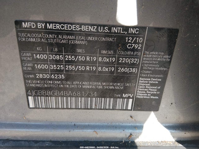 Aukcja sprzedaży 2011 Mercedes-benz Ml 350 4matic, vin: 4JGBB8GB4BA681734, numer aukcji: 44825860