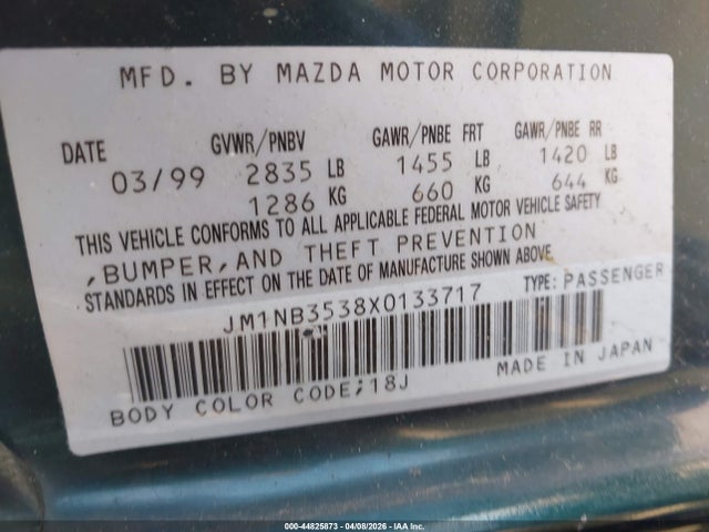 44825873 :رقم المزاد ، JM1NB3538X0133717 vin ، 1999 Mazda Mx-5 Miata مزاد بيع
