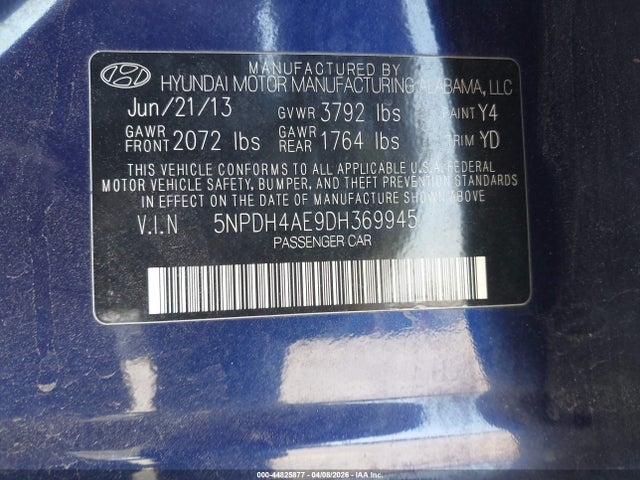 Aukcja sprzedaży 2013 Hyundai Elantra Limited, vin: 5NPDH4AE9DH369945, numer aukcji: 44825877