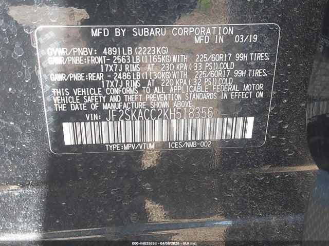 2019 Subaru Forester მანქანა იყიდება აუქციონზე, vin: JF2SKACC2KH518356, აუქციონის ნომერი: 44825898