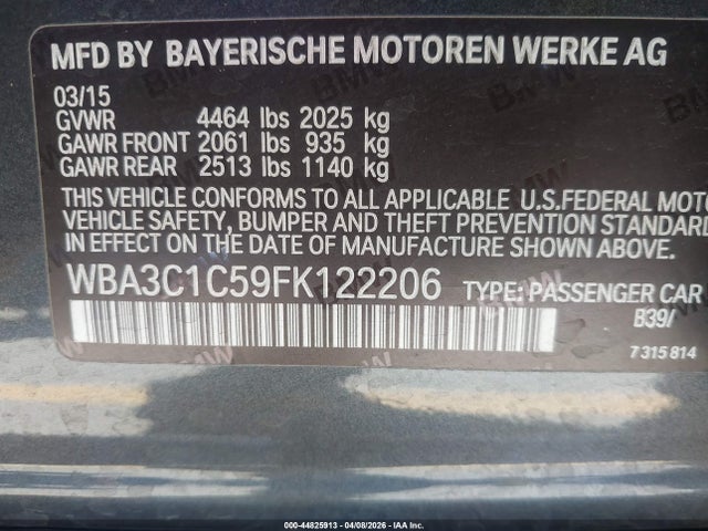 44825913 :رقم المزاد ، WBA3C1C59FK122206 vin ، 2015 Bmw 328i مزاد بيع