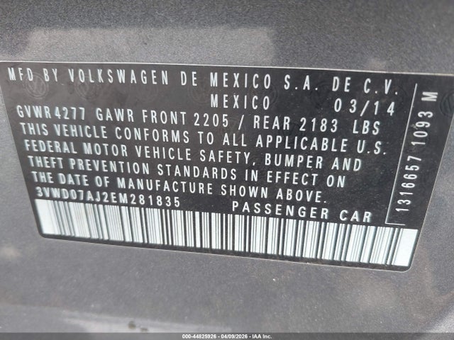 2014 Volkswagen Jetta 1.8t Se მანქანა იყიდება აუქციონზე, vin: 3VWD07AJ2EM281835, აუქციონის ნომერი: 44825926