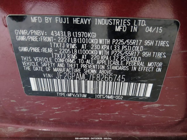 Продажа на аукционе авто 2015 Subaru Xv Crosstrek 2.0i Limited, vin: JF2GPAMC7F8266745, номер лота: 44825938