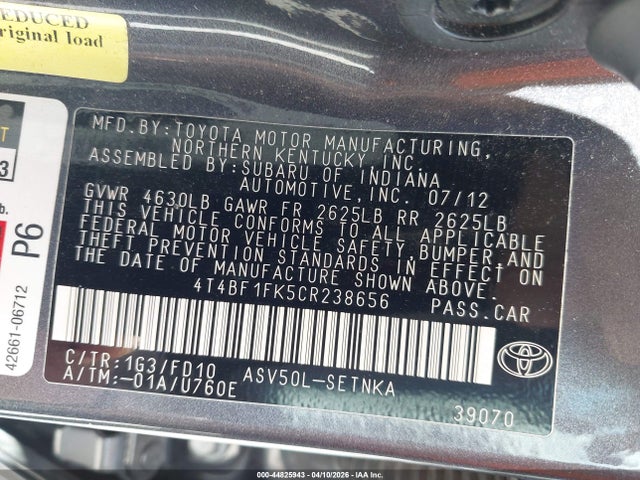 Продаж на аукціоні авто 2012 Toyota Camry Le, vin: 4T4BF1FK5CR238656, номер лоту: 44825943