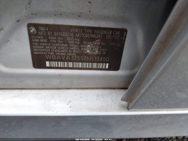 Aukcja sprzedaży 2007 Bmw 328i, vin: WBAVA37557NL13450, numer aukcji: 44825986