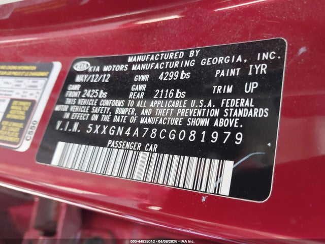 Aukcja sprzedaży 2012 Kia Optima Ex, vin: 5XXGN4A78CG081979, numer aukcji: 44826012