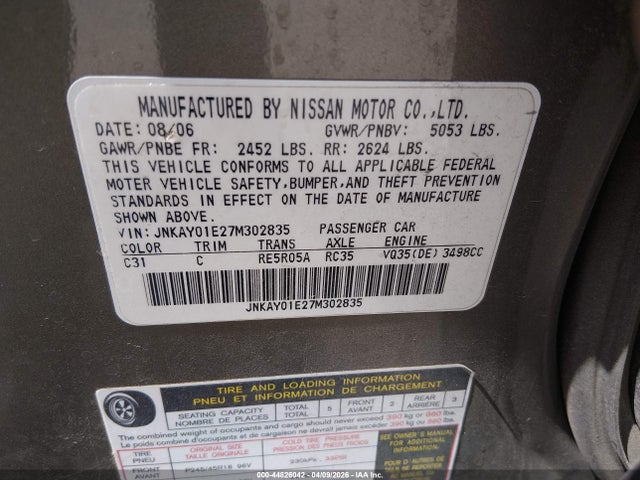 Aukcja sprzedaży 2007 Infiniti M35, vin: JNKAY01E27M302835, numer aukcji: 44826042