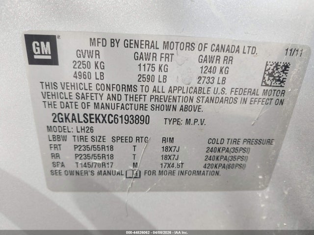 44826062 :رقم المزاد ، 2GKALSEKXC6193890 vin ، 2012 Gmc Terrain Sle-2 مزاد بيع