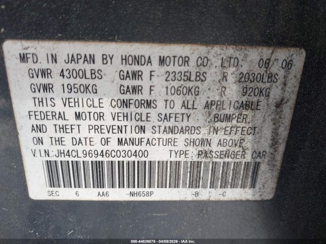 44826078 :رقم المزاد ، JH4CL96946C030400 vin ، 2006 Acura Tsx مزاد بيع