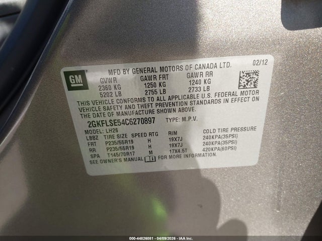 Продажа на аукционе авто 2012 Gmc Terrain Sle-2, vin: 2GKFLSE54C6270897, номер лота: 44826081
