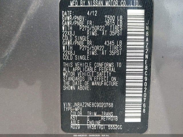 Продажа на аукционе авто 2012 Infiniti Qx56, vin: JN8AZ2NE8C9020768, номер лота: 44826101