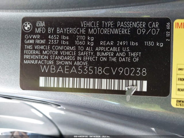 Продаж на аукціоні авто 2008 Bmw 650i, vin: WBAEA53518CV90238, номер лоту: 44826105