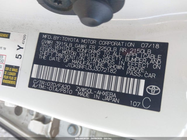 JTDKBRFU3J3072182 Toyota Prius Two