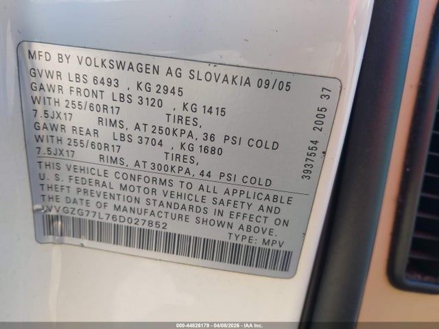 2006 Volkswagen Touareg V6 მანქანა იყიდება აუქციონზე, vin: WVGZG77L76D027852, აუქციონის ნომერი: 44826179