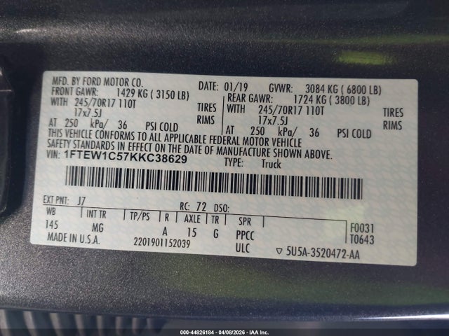 Продаж на аукціоні авто 2019 Ford F-150 Xlt, vin: 1FTEW1C57KKC38629, номер лоту: 44826184
