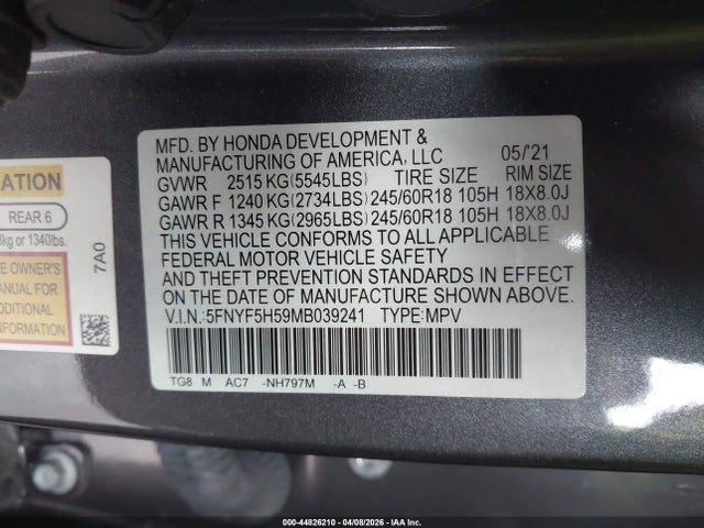2021 Honda Pilot 2wd Ex-l მანქანა იყიდება აუქციონზე, vin: 5FNYF5H59MB039241, აუქციონის ნომერი: 44826210