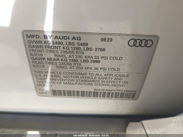 2023 Audi Q5 Prestige 45 Tfsi S Line Quattro S Tronic მანქანა იყიდება აუქციონზე, vin: WA1FAAFY7P2180936, აუქციონის ნომერი: 44826225