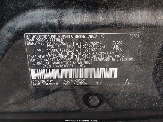 44826239 :رقم المزاد ، 2T3ZF33V49W003863 vin ، 2009 Toyota Rav4 مزاد بيع