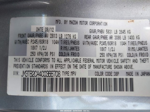 44826240 :رقم المزاد ، JM3TB2CA4C0366708 vin ، 2012 Mazda Cx-9 Touring مزاد بيع