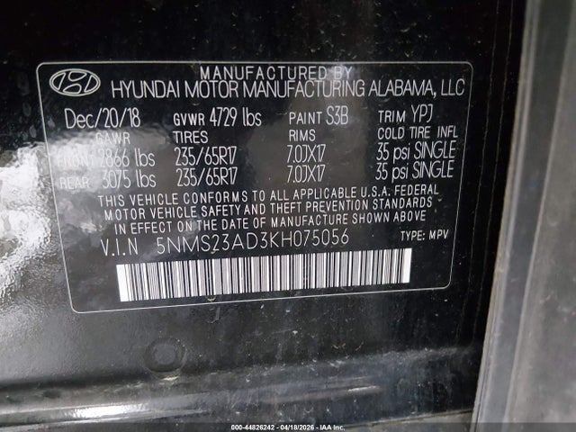 Продаж на аукціоні авто 2019 Hyundai Santa Fe Se, vin: 5NMS23AD3KH075056, номер лоту: 44826242