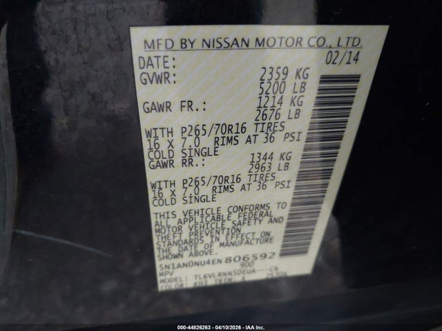 Aukcja sprzedaży 2014 Nissan Xterra S/x, vin: 5N1AN0NU4EN806592, numer aukcji: 44826263