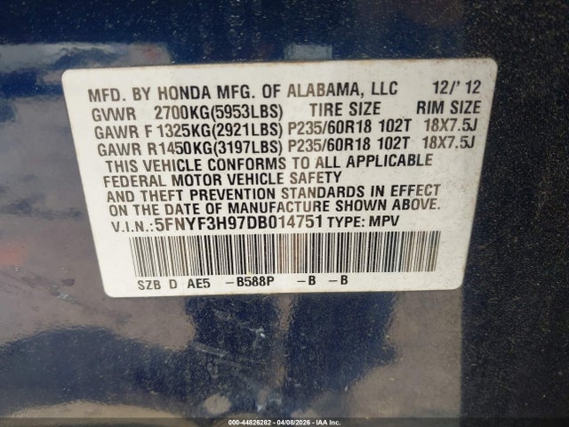 44826282 :رقم المزاد ، 5FNYF3H97DB014751 vin ، 2013 Honda Pilot Touring مزاد بيع