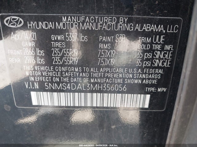 44826303 :رقم المزاد ، 5NMS4DAL3MH356056 vin ، 2021 Hyundai Santa Fe Limited مزاد بيع