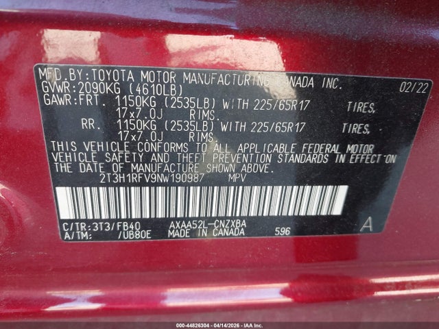 Продажа на аукционе авто 2022 Toyota Rav4 Le, vin: 2T3H1RFV9NW190987, номер лота: 44826304